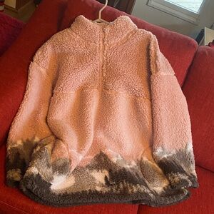 mySTYLE Women's Sherpa Mountain Border Print Zip Mock Sweater